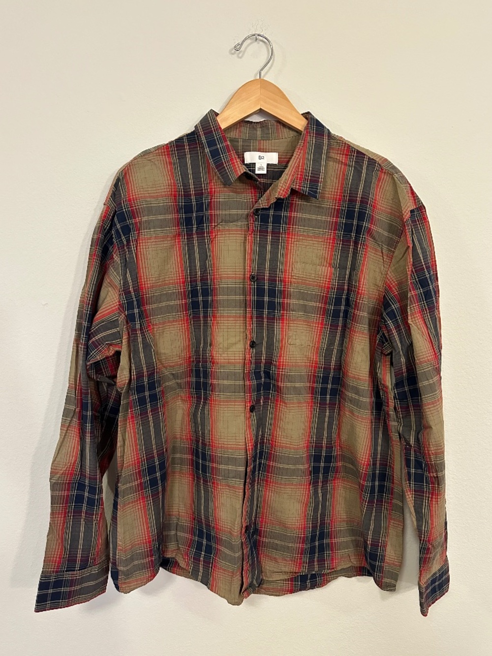 BP Nordstrom Plaid Button-Up Shirt Navy Blue Olive Red Cotton Men’s L